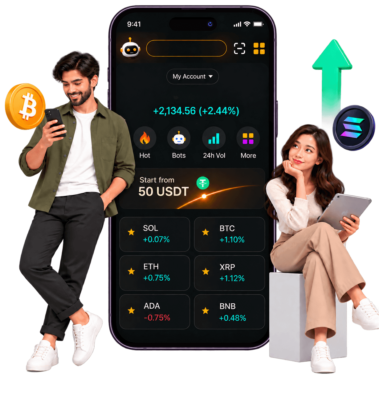 Phone showing a trading dashboard with traders and market charts